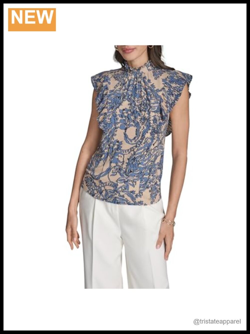 Flutter Sleeve Ruffle Mock Neck Printed Blouse Women's Top - Polyester
